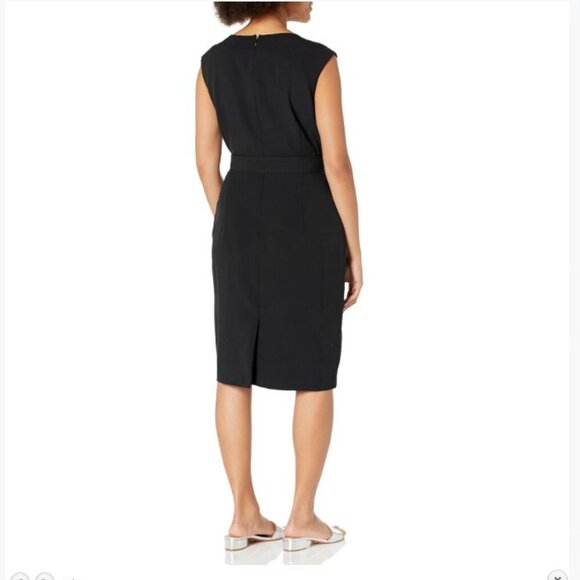 NWT Kasper Black Sleeveless Gold Zip Pockets Belted Sheath Midi Dress Size 10 - Picture 2 of 5
